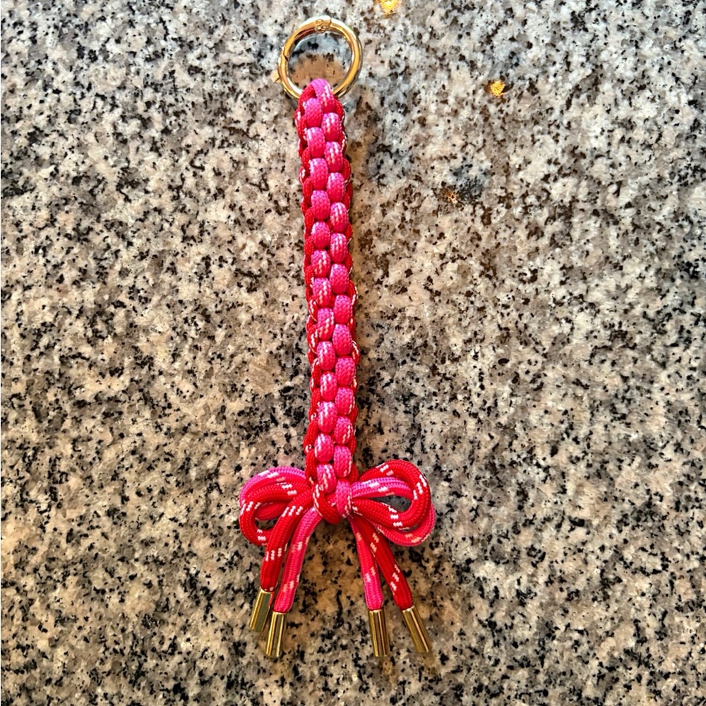 ♥️💖 COQUETTE RIBBON BOW BAG CHARM Hot Pink & Red Braided Key Fob Keychain NWOT